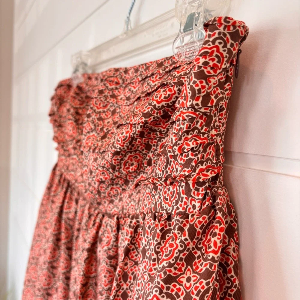 Banana Republic Orange Brown & Cream Printed Smocked Strapless Silk Top Size 8T - Picture 5 of 12